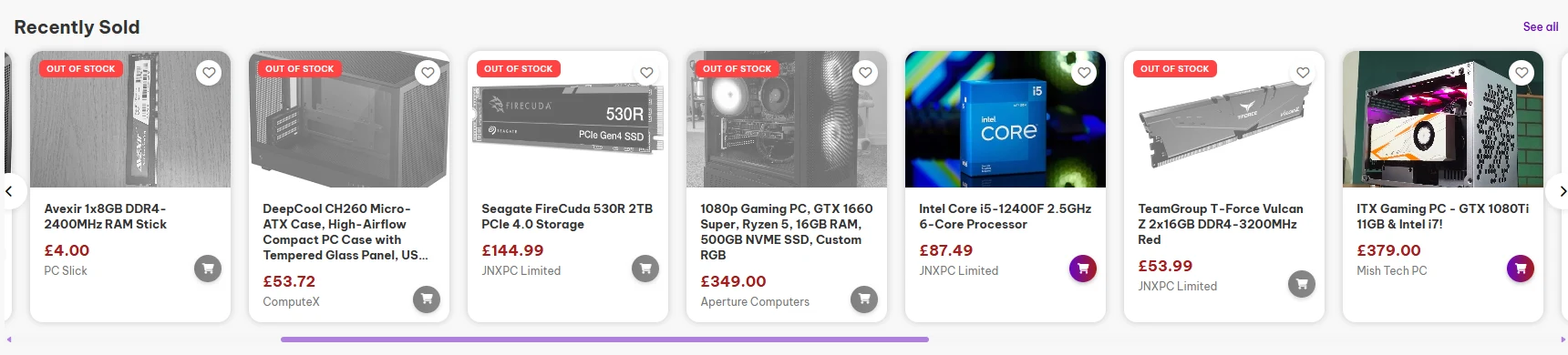 A screenshot of gaming tech products that sold on AEM Labs Marketplace